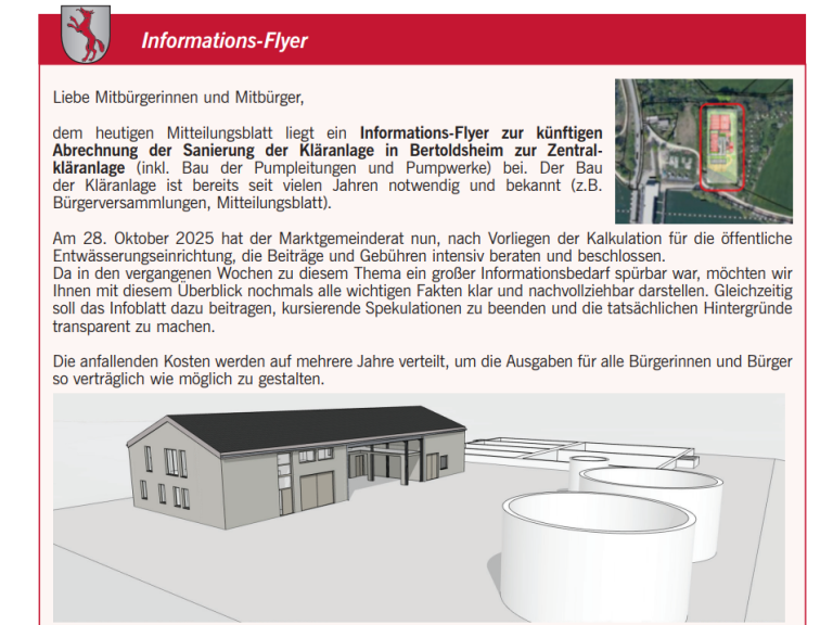 Informations-Flyer zur künftigen  Abrechnung der Sanierung der Kläranlage in Bertoldsheim zur Zentralkläranlage